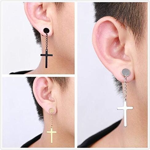 XHBTS 6 Pieces Dangle Cross Earrings Stainless Steel for Men Women Black Silver Gold for Women Men with Mini Cloth and Mini Box in Kuwait