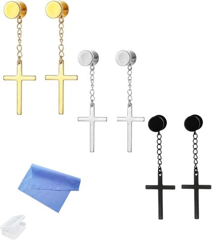 XHBTS 6 Pieces Dangle Cross Earrings Stainless Steel for Men Women Black Silver Gold for Women Men with Mini Cloth and Mini Box in Kuwait