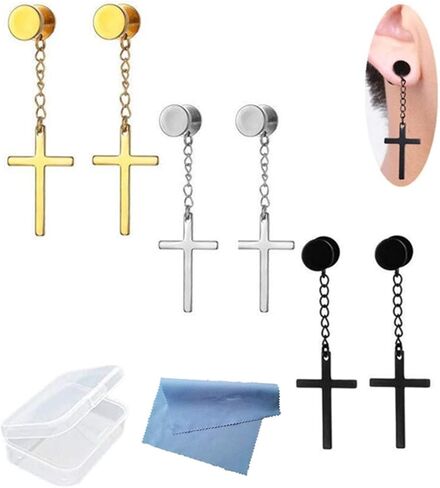 XHBTS 6 Pieces Dangle Cross Earrings Stainless Steel for Men Women Black Silver Gold for Women Men with Mini Cloth and Mini Box in Kuwait