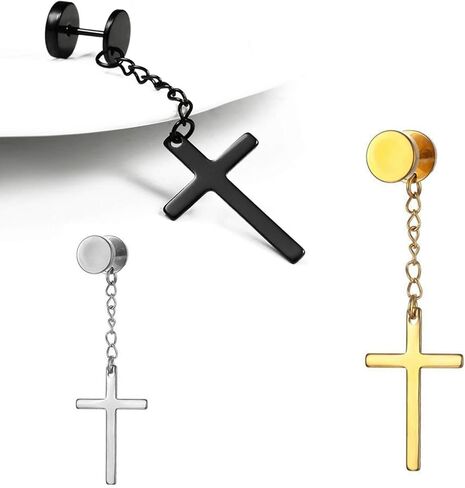 XHBTS 6 Pieces Dangle Cross Earrings Stainless Steel for Men Women Black Silver Gold for Women Men with Mini Cloth and Mini Box in Kuwait
