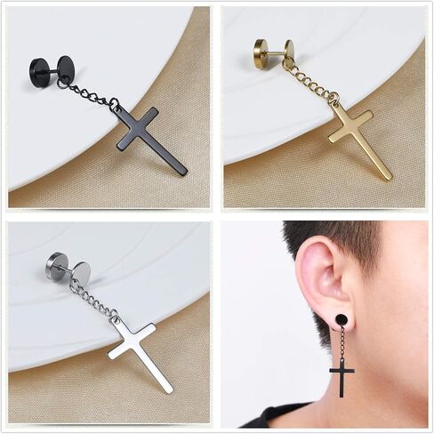 XHBTS 6 Pieces Dangle Cross Earrings Stainless Steel for Men Women Black Silver Gold for Women Men with Mini Cloth and Mini Box in Kuwait