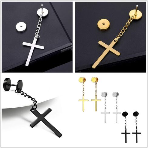 XHBTS 6 Pieces Dangle Cross Earrings Stainless Steel for Men Women Black Silver Gold for Women Men with Mini Cloth and Mini Box in Kuwait