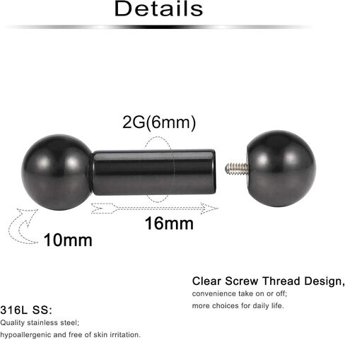 Ftovosyo PA Rings Internally Threaded Straight Barbell Nipple Ring 2G 4G 6G 8G Earrings Gauges Ear Ring Tongue Rings 316L Surgical Steel Body Piercing Jewelry for Women Men 1Pair, Color Black in Kuwait