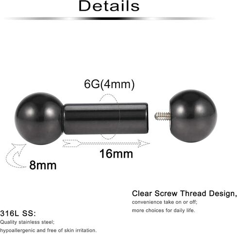 Ftovosyo PA Rings Internally Threaded Straight Barbell Nipple Ring 2G 4G 6G 8G Earrings Gauges Ear Ring Tongue Rings 316L Surgical Steel Body Piercing Jewelry for Women Men 1Pair, Color Black in Kuwait