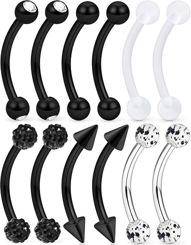 Lcolyoli 12 Pcs 16G Surgical Steel Eyebrow Piercing Rings Clear Diamond CZ Curved Barbell Rook Daith Piercing Retainer Body Jewelry for Women Men in Saudi Arabia