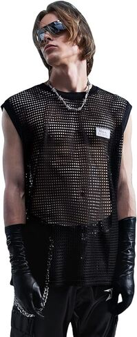 قميص WDIRARA رجالي من شبكة صيد السمك ذو شبكة شفافة ورقبة دائرية بدون أكمام شفاف من خلال Goth Tank Top in Kuwait