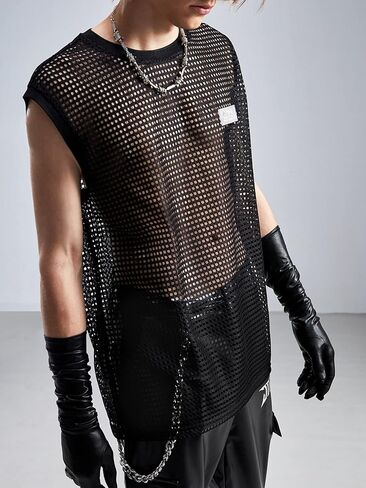 قميص WDIRARA رجالي من شبكة صيد السمك ذو شبكة شفافة ورقبة دائرية بدون أكمام شفاف من خلال Goth Tank Top in Kuwait