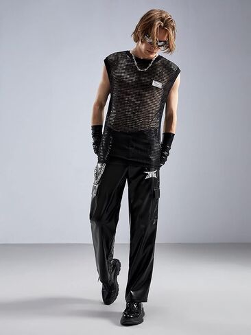 قميص WDIRARA رجالي من شبكة صيد السمك ذو شبكة شفافة ورقبة دائرية بدون أكمام شفاف من خلال Goth Tank Top in Kuwait