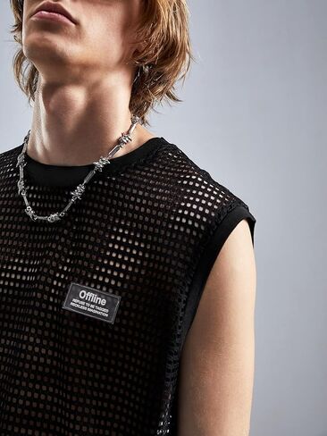 قميص WDIRARA رجالي من شبكة صيد السمك ذو شبكة شفافة ورقبة دائرية بدون أكمام شفاف من خلال Goth Tank Top in Kuwait