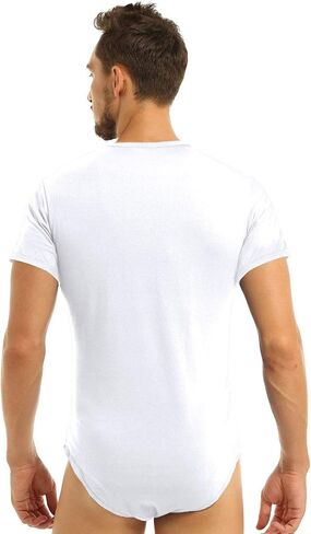 QinCiao Men's Short Sleeve Leotard Undershirt Press Crotch Shirt Bodysuit Romper Pajamas in Kuwait