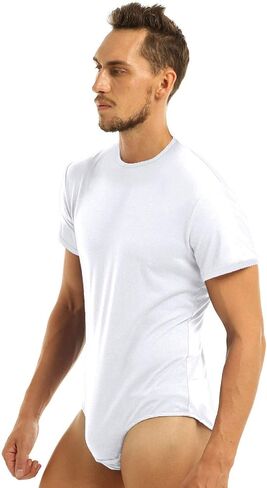QinCiao Men's Short Sleeve Leotard Undershirt Press Crotch Shirt Bodysuit Romper Pajamas in Kuwait