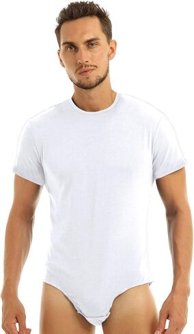 QinCiao Men's Short Sleeve Leotard Undershirt Press Crotch Shirt Bodysuit Romper Pajamas in Kuwait