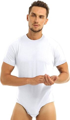 QinCiao Men's Short Sleeve Leotard Undershirt Press Crotch Shirt Bodysuit Romper Pajamas in Kuwait