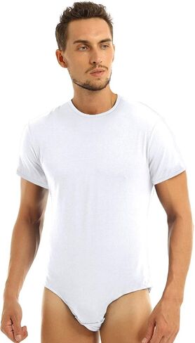 QinCiao Men's Short Sleeve Leotard Undershirt Press Crotch Shirt Bodysuit Romper Pajamas in Kuwait