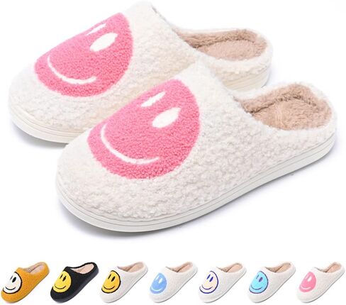 Women's Men's Retro Preppy Happy Face Slippers Comfy Warm Plush Slip-On House Slipper for Winter Indoor Soft Cushion Non-slip Fluffy Slides Slippers in Kuwait