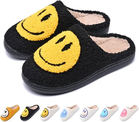Women's Men's Retro Preppy Happy Face Slippers Comfy Warm Plush Slip-On House Slipper for Winter Indoor Soft Cushion Non-slip Fluffy Slides Slippers in Kuwait