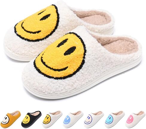 Women's Men's Retro Preppy Happy Face Slippers Comfy Warm Plush Slip-On House Slipper for Winter Indoor Soft Cushion Non-slip Fluffy Slides Slippers in Kuwait