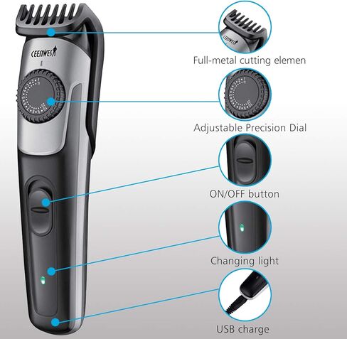 Ceenwes ماكينة تشذيب اللحية وتشذيب اللحية للرجال ماكينة قص الشعر 2 أمشاط فرشاة تنظيف محول الطاقة إعدادات طول الزجاجة مع قرص دقيق شحن USB in Kuwait