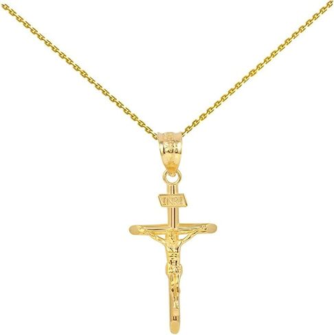 10K Yellow Gold 1.2" INRI Crucifix Cross Pendant Necklace - Choice of Rolo Chain Length or Charm Only in Saudi Arabia