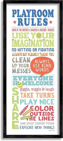 Stupell Industries Playroom Rules Colorful Typography White Blue Green and Red Wall Plaque Art, 7 x 17, Gray Framed Giclee in Saudi Arabia