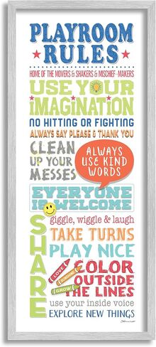 Stupell Industries Playroom Rules Colorful Typography White Blue Green and Red Wall Plaque Art, 7 x 17, Gray Framed Giclee in Saudi Arabia