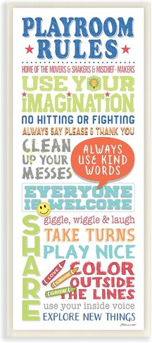 Stupell Industries Playroom Rules Colorful Typography White Blue Green and Red Wall Plaque Art, 7 x 17, Gray Framed Giclee in Saudi Arabia