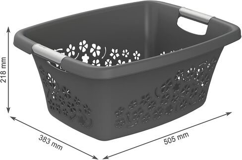Rotho Flowers Laundry Basket with 2 Handles, Plastic (PP) BPA-, Anthracite, 25 L, (50.5 x 38.3 x 21.8 cm) in Kuwait