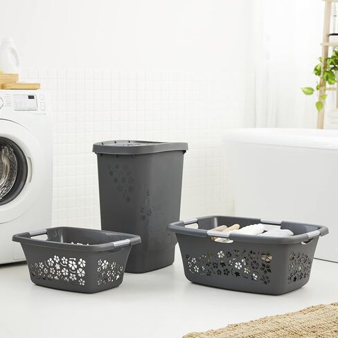 Rotho Flowers Laundry Basket with 2 Handles, Plastic (PP) BPA-, Anthracite, 25 L, (50.5 x 38.3 x 21.8 cm) in Kuwait