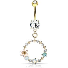 Forbidden Body Jewelry Surgical Steel Fancy Dangle Belly Button Ring with Flower, CZ and Opalite Detail in Saudi Arabia