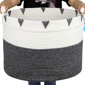 Casaphoria Large Blanket Basket 22"x16" Boho Woven Baskets for Pillows Cotton Rope Storage for Towel XXL Round Organizer Foldable Decorative Woven Hamper for livingroom Rope Hamper,Black&Cream White