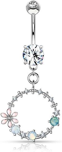 Forbidden Body Jewelry Surgical Steel Fancy Dangle Belly Button Ring with Flower, CZ and Opalite Detail in Saudi Arabia