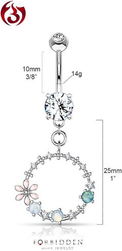 Forbidden Body Jewelry Surgical Steel Fancy Dangle Belly Button Ring with Flower, CZ and Opalite Detail in Saudi Arabia