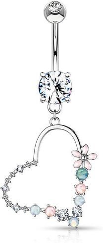 Forbidden Body Jewelry Surgical Steel Fancy Dangle Belly Button Ring with Flower, CZ and Opalite Detail in Saudi Arabia