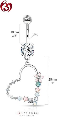 Forbidden Body Jewelry Surgical Steel Fancy Dangle Belly Button Ring with Flower, CZ and Opalite Detail in Saudi Arabia