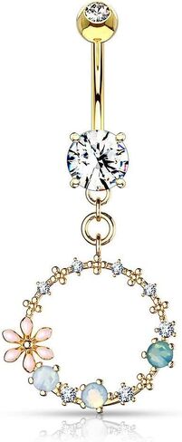 Forbidden Body Jewelry Surgical Steel Fancy Dangle Belly Button Ring with Flower, CZ and Opalite Detail in Saudi Arabia