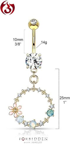 Forbidden Body Jewelry Surgical Steel Fancy Dangle Belly Button Ring with Flower, CZ and Opalite Detail in Saudi Arabia
