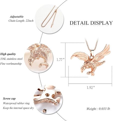 XSMZB Eagle Urn Necklace Stainless Steel Keepsake Ash Jewelry Holder Ashes for Pet Human Memorial Cremation Jewelry for Ashes Pendant Locket for Men Women in Saudi Arabia