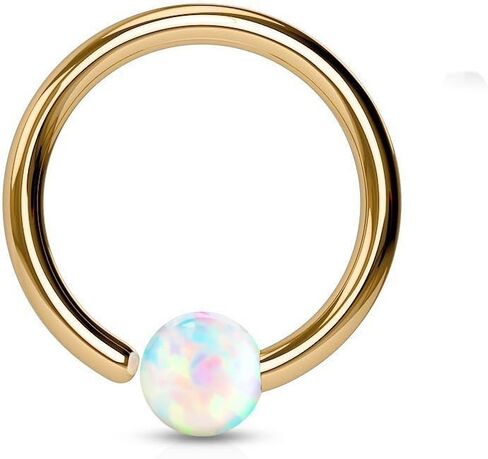 Covet Jewelry Rose Gold IP Plated 316L Surgical Steel White Opal Ball Fixed On End Hoop Rings in Saudi Arabia