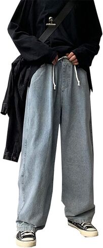 Andongnywell Men Slim Stretch Loose Fitting Straight Jeans Wide Leg Trousers Straight Leg Fashion Denim Pants with Zip in Saudi Arabia
