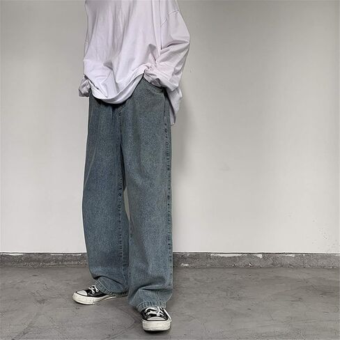Andongnywell Men Slim Stretch Loose Fitting Straight Jeans Wide Leg Trousers Straight Leg Fashion Denim Pants with Zip in Saudi Arabia