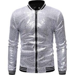 Omoone Men's Zip Up Mermaid Sequin Lightweight Shiny Clubwear Bomber Jacket