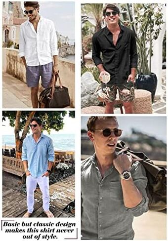 Men's Loose-Fit Long-Sleeve Untucked Cotton Linen Business Casual Button Down Shirt with Pocket in Saudi Arabia