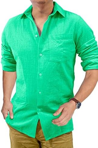 Men's Loose-Fit Long-Sleeve Untucked Cotton Linen Business Casual Button Down Shirt with Pocket in Saudi Arabia
