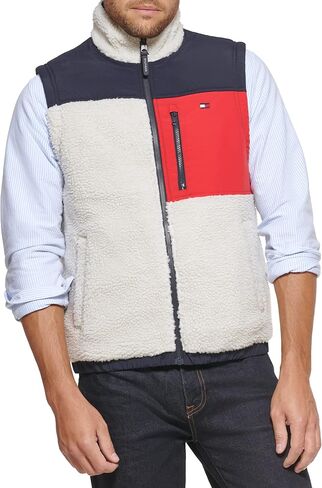 Tommy Hilfiger Men's Contrast Sherpa Stand Collar Vest, Cream, Large in Saudi Arabia