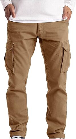 Ymosrh Mens Large Tall Pants Men's Slim Fashion Solid Color Casual Pants Multi Pocket Straight Cargo Pants Stretch in Kuwait