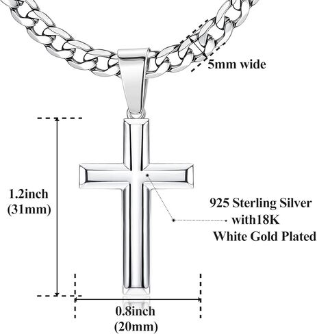 BESTEEL 925 Sterling Silver Cross Necklace for Men Women 5mm Big Beveled Edge Men's Stainless Steel Diamond Cut Durable Cuban Link Chain Curb Chain Crucifix Cross Pendant Necklace Jewelry Gifts 16-30 Inches in Kuwait