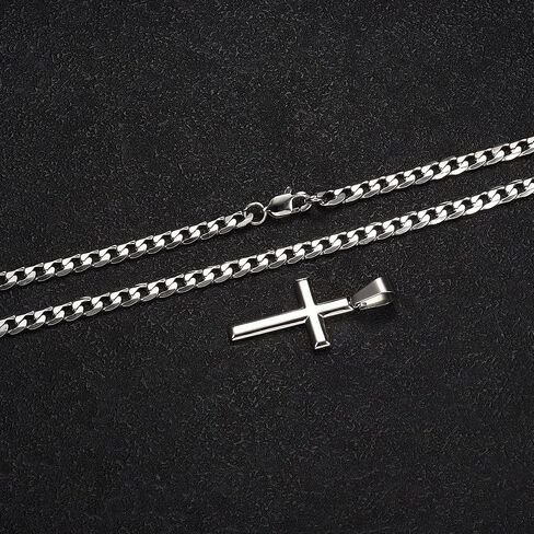 BESTEEL 925 Sterling Silver Cross Necklace for Men Women 5mm Big Beveled Edge Men's Stainless Steel Diamond Cut Durable Cuban Link Chain Curb Chain Crucifix Cross Pendant Necklace Jewelry Gifts 16-30 Inches in Kuwait