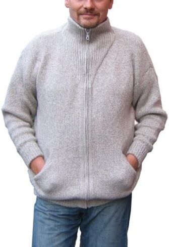 Alpakaandmore Mens Thick Alpaca Wool Cardigan, Grey Sweater in Saudi Arabia