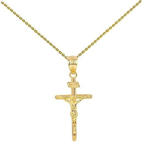 10K Yellow Gold 1.2" INRI Crucifix Cross Pendant Necklace - Choice of Rolo Chain Length or Charm Only in Saudi Arabia