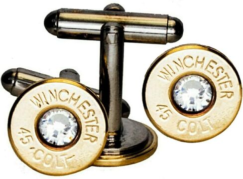 45 Colt Brass Finish Cuff Link and Tie Tack with Swarovski Crystals Set- Clear (Winchester) in Saudi Arabia